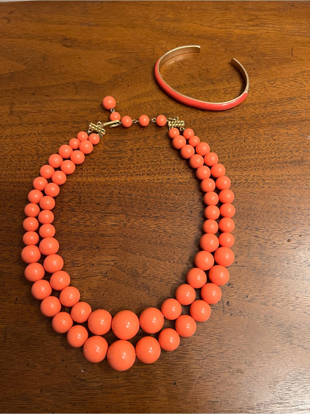 Vintage Coral Double Strand Bead Necklace and Bracelet Cuff Set